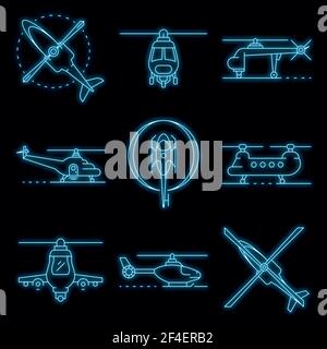 Hubschrauber Symbole gesetzt. Umriss Satz von Hubschrauber Vektor-Icons Neon-Farbe auf schwarz Stock Vektor