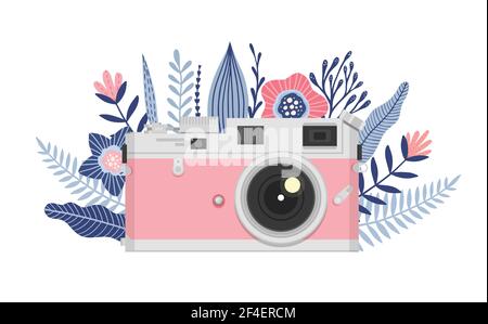 Kamera mit Blumen, Blumenkamera Logo Design, Vektor-Illustration, Vintage retro Kamera-Symbol. Stock Vektor