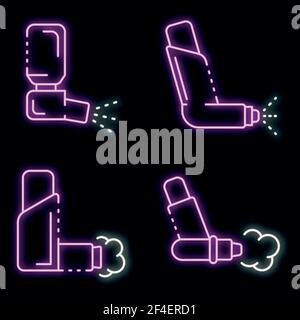 Symbole für Inhalator eingestellt. Umriss Satz von Inhalator Vektor-Symbole Neonfarbe auf schwarz Stock Vektor