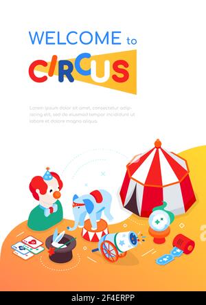 Willkommen bei Circus - modernes buntes isometrisches Webbanner mit Platz für Text. Unterhaltung und Kirmes Idee. Karten, Spielkarten, Crystal bal Stock Vektor