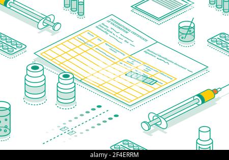 Internationales Impfzertifikat - Coronavirus Covid-19. Isometrisches Konzept mit Spritze und Vial des Impfstoffs. Vektorgrafik. Stock Vektor