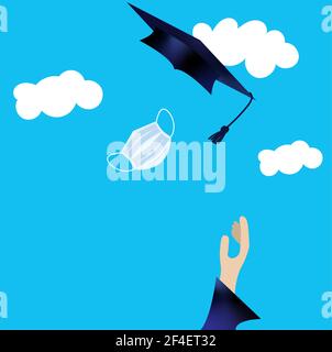 Illustration der Schüler Hand werfen seine Kappe und Maske in der Luft auf einem Himmel Hintergrund mit Wolken. Graduierungskonzept mit sozialer Distanzierung im Pandem Stock Vektor