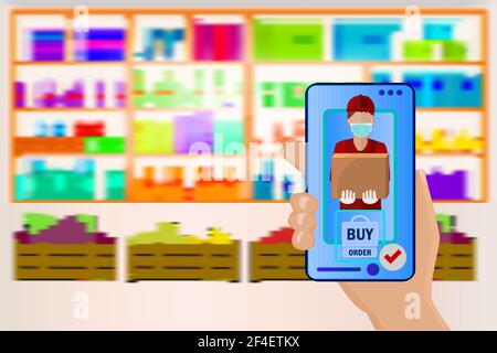 Hand hält ein Handy mit einem Lebensmittelgeschäft Bestellung auf Supermarkt Regale Hintergrund. Online-Shop und Supply-Konzept. Sicherheitslieferung.Vektorgrafik Stock Vektor