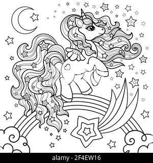 Ein Einhorn mit einer langen Mähne. Schwarz-Weiß-Linear-Zeichnung. Vektor Stock Vektor