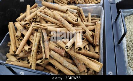 Ein paar Zimtstangen auf dem orientalischen Lebensmittelmarkt Stockfoto