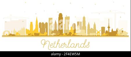 Niederlande Skyline Silhouette mit goldenen Gebäuden isoliert auf Weiß. Vektorgrafik. Tourismuskonzept mit historischer Architektur. Stadtbild Stock Vektor
