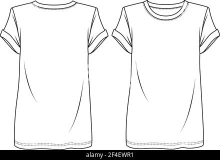 Trendige Frauen kurze Ärmel T-Shirt mit gepolsterten Schultern Mode flach Skizze Vorlage. Mädchen Tunika Länge T-Shirt Technische Mode Illustration Stock Vektor