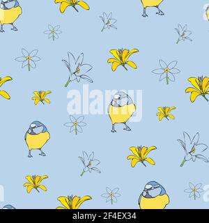 Vektor blau Hintergrund gelb weiß Blumen Vögel nahtlose Muster. Lilien, Vögel. Nahtloses Muster Hintergrund Stock Vektor