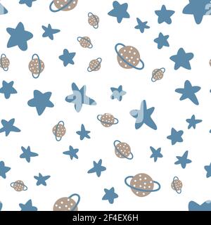 Vektor Hand gezeichnet nahtlose wiederholende Farbe einfaches flaches Muster mit verschiedenen Planeten auf einem weißen Hintergrund. Nahtloses Muster mit Planeten. Platz Stock Vektor