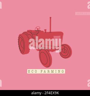 Vektordarstellung eines landwirtschaftlichen Traktors oder Harvesters. Einfach, flach, rosa und rot, Retro-Stil. Typische Ausrüstung für Öko, Landwirtschaft Stock Vektor