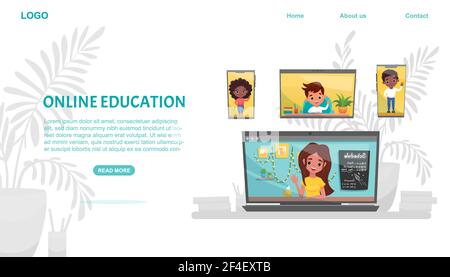 E-Learning-Konzept Banner. Online-Schulungen. Klassenkameraden mit Laptop und Smartphone. Stock Vektor