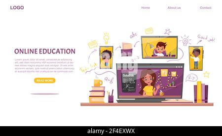 E-Learning-Konzept Banner. Online-Schulungen. Klassenkameraden mit Laptop und Smartphone. Stock Vektor