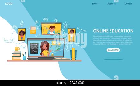 E-Learning-Konzept Banner. Online-Schulungen. Klassenkameraden mit Laptop und Smartphone. Stock Vektor