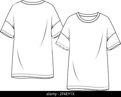 Frauen Drop Shoulders Tunika Top Mode flach Skizze Vorlage. Mädchen Kurze Ärmel Tee Technische Mode Illustration Stock Vektor