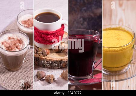 Collage mit heißen Getränken. Masala-Tee, Glühwein, Latte und Eichelkaffee. Stockfoto