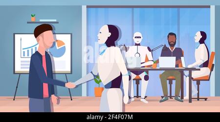 Moderne Roboter Handshake mit Geschäftsmann künstliche Intelligenz Technologie Mensch vs Roboter Partnerschaft Vereinbarung Konzept Büro Innenraum horizontal Stock Vektor