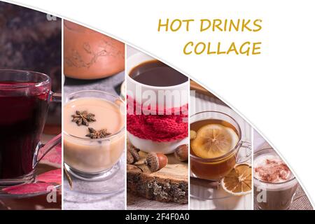 Eine Collage aus leckeren Heißgetränken. Masala-Tee, Glühwein, Latte, Eichelkaffee und Ingwertee. Stockfoto