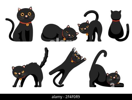 Set von niedlichen schwarzen Katzen Set isoliert auf weißem Hintergrund. Lustige Cartoon Animal Charaktere Stock Vektor