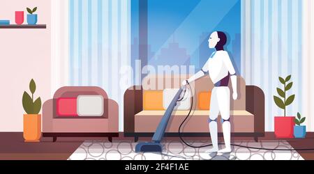 Moderner Roboter mit Staubsauger Roboter Charakter tun Hausarbeit künstlich Intelligenztechnik Reinigungskonzept modernes Wohnzimmer-Interieur Stock Vektor
