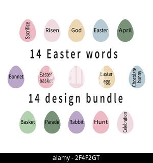 14 Wörter im Zusammenhang mit dem Ostervokabular. Ostern-Grundbegriffe festgelegt. Text auf farbigen Eiern. Sammlung für das Jesusfest. Christus-Tag-Eierpalette. Stock Vektor