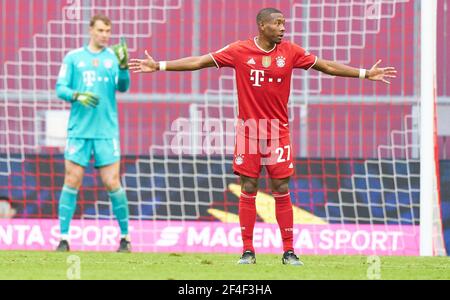 München, Deutschland. März 2021, 20th. David ALABA, FCB 27 geste im Spiel FC BAYERN MÜNCHEN - VFB STUTTGART 4-0 1.Deutsche Fußball Liga am 20. März 2021 in München, Deutschland Saison 2020/2021, Spieltag 26, 1.Bundesliga, FCB, München, 26.Spieltag Credit: Peter Schatz/Alamy Live News Stockfoto