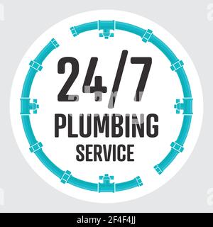 24-7 Plumbing Service Kreis Abzeichen. Das runde Symbol oder Symbol ist eine Uhrform aus Rohren, Ventilen und Endkappen. Rund um die Uhr Klempner. Stock Vektor