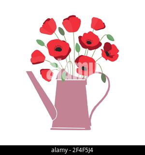 Vektor-Illustration von Bouquet von leuchtend roten Mohnblumen in Gießkanne auf weißem Hintergrund isoliert Stock Vektor
