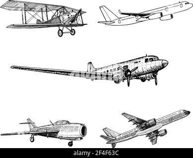 Satz der handgezeichneten Flugzeuge oder Flugzeuge von verschiedenen Zeiten und Zwecke Doodle Skizze Grafiken monochrome Vektor Tracing Illustration Auf weißem Hintergrund Stock Vektor