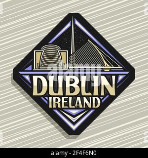 Vektor-Logo für Dublin, dunkles Rhombus-Straßenschild mit Umriss Illustration der europäischen dublin Stadtlandschaft auf Dämmerung Himmel Hintergrund, dekorativer Kühlschrank magne Stock Vektor