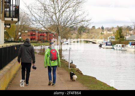 Ein Paar geht mit ihrem Hund auf dem Fluss Thames Towpath in Reading, Berkshire, Großbritannien Stockfoto