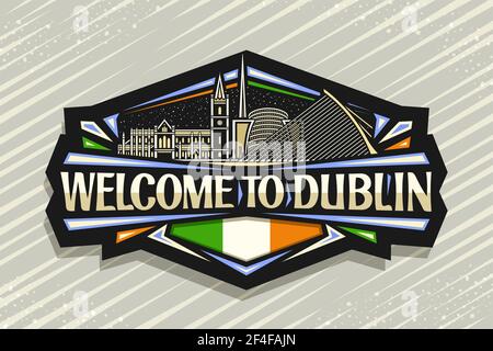 Vektor-Logo für Dublin, schwarzer dekorativer Anhänger mit Illustration der europäischen dublin-Stadtlandschaft auf Abendhimmel Hintergrund, Kunst Design Tourist Kühlschrank Magnet Stock Vektor