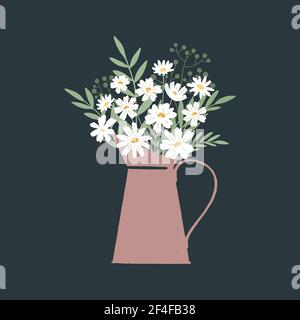 Vektor-Illustration von Bund von frischen Kamillenblüten in der Bewässerung Can auf dunklem Hintergrund Stock Vektor