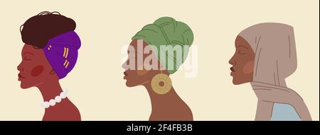 Set von bunten Vektor-Illustrationen von afrikanischen Frauen in verschiedenen Traditionelle Kopftücher und Accessoires auf beigem Hintergrund Stock Vektor