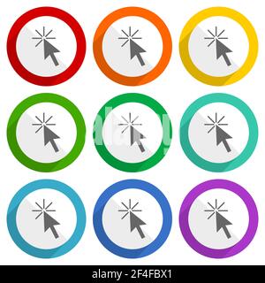 Klicken Sie hier Vektor-Icons, Satz von bunten flachen Design-Tasten für webdesign und mobile Anwendungen Stock Vektor