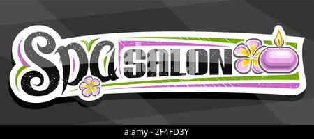 Vektor-Banner für Spa Salon, dekorative Tafel mit Illustration der brennenden Kerze und rosa Frangipani Köpfe, Werbecoupon mit einzigartigen Handw Stock Vektor