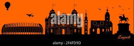 Vektor Stadt Skyline Silhouette - Illustration, Stadt in orange Hintergrund, Zagreb Kroatien Stock Vektor