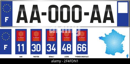 Languedoc Roussillon, Frankreich, französische regionale Nummernschildvorlage, Detail der Seitenbeschriftung der Abteilung, Vektorgrafik, Beispiel für Numb Stock Vektor