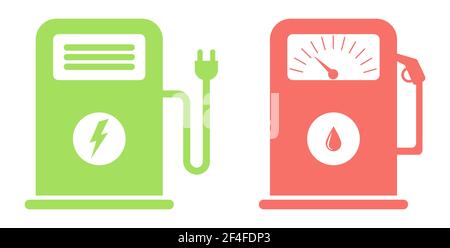Symbole für Gas- und Elektroladestationen. Schlichtes flaches Design. Vektorgrafik Stock Vektor