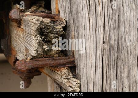 Verfallende Holzbalken am Ende eines Piers in norfolk england, wo die Salzseeluft und das Wasser alle großen Muttern und Bolzen erodiert und verrostet haben. Stockfoto