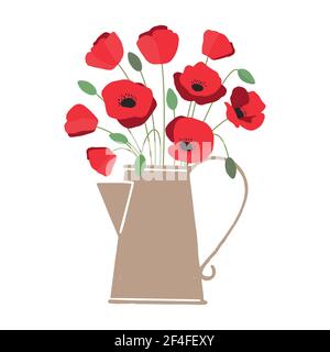 Vektor-Illustration von Bouquet von leuchtend roten Mohnblumen in Gießkanne auf weißem Hintergrund isoliert Stock Vektor