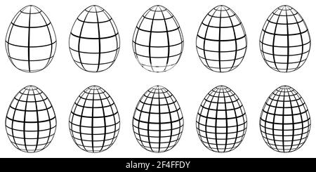 Set von 3D Eiern mit horizontalen und vertikalen Linien, Meridiane und Parallelen, Vektor 3D Eier stilisiert als Globus Stock Vektor