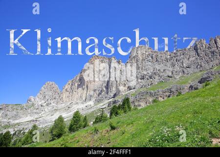 Symbolisches Bild Klimawandel, Rosengarten Dolomiten Panorama, Südtirol, Italien Stockfoto