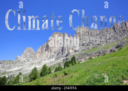 Symbolisches Bild Klimawandel, Rosengarten Dolomiten Panorama, Südtirol, Italien Stockfoto