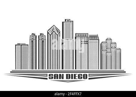 Vektor-Illustration von San Diego, monochromes horizontales Poster mit Umriss-Design der berühmten amerikanischen Stadtlandschaft, urbanes Konzept mit einzigartigen dekorativen Stock Vektor