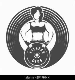 Fitness Logo oder Emblem mit Frau Halten Langhantel Gewicht isoliert auf weiß. Vektorgrafik. Stock Vektor