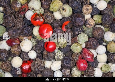 Vollformat Makro Nahaufnahme von vielen bunten gemischten rohen Pfefferkörnern Stockfoto