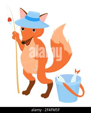 Fischer kleiner Ingwerfuchs mit Eimer isoliert auf weiß. Vektor-Cartoon-Illustration von Tier Maskottchen in blauen Hut. Stock Vektor
