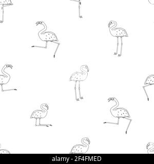 Wiederholen nahtlose Umriss Cartoon Flamingos Muster isoliert, weißer Hintergrund. Doodle Vektor Tiere sind aktiv, tanzen, fliegen, schlafen, ruhen, Träumen, gehen Stock Vektor
