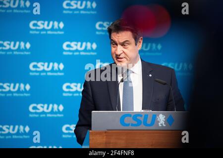 München, Deutschland. März 2021, 21st. Markus Söder (CSU), Parteivorsitzender und Ministerpräsident Bayerns, spricht bei einer Pressekonferenz im Parteibüro der CSU. Thema der Pressekonferenz sind die Konsequenzen, die die Partei aus der Maskenaffäre ziehen wird. Quelle: Matthias Balk/dpa/Alamy Live News Stockfoto