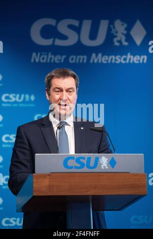 München, Deutschland. März 2021, 21st. Markus Söder (CSU), Parteivorsitzender und Ministerpräsident Bayerns, spricht bei einer Pressekonferenz im Parteibüro der CSU. Thema der Pressekonferenz sind die Konsequenzen, die die Partei aus der Maskenaffäre ziehen wird. Quelle: Matthias Balk/dpa/Alamy Live News Stockfoto